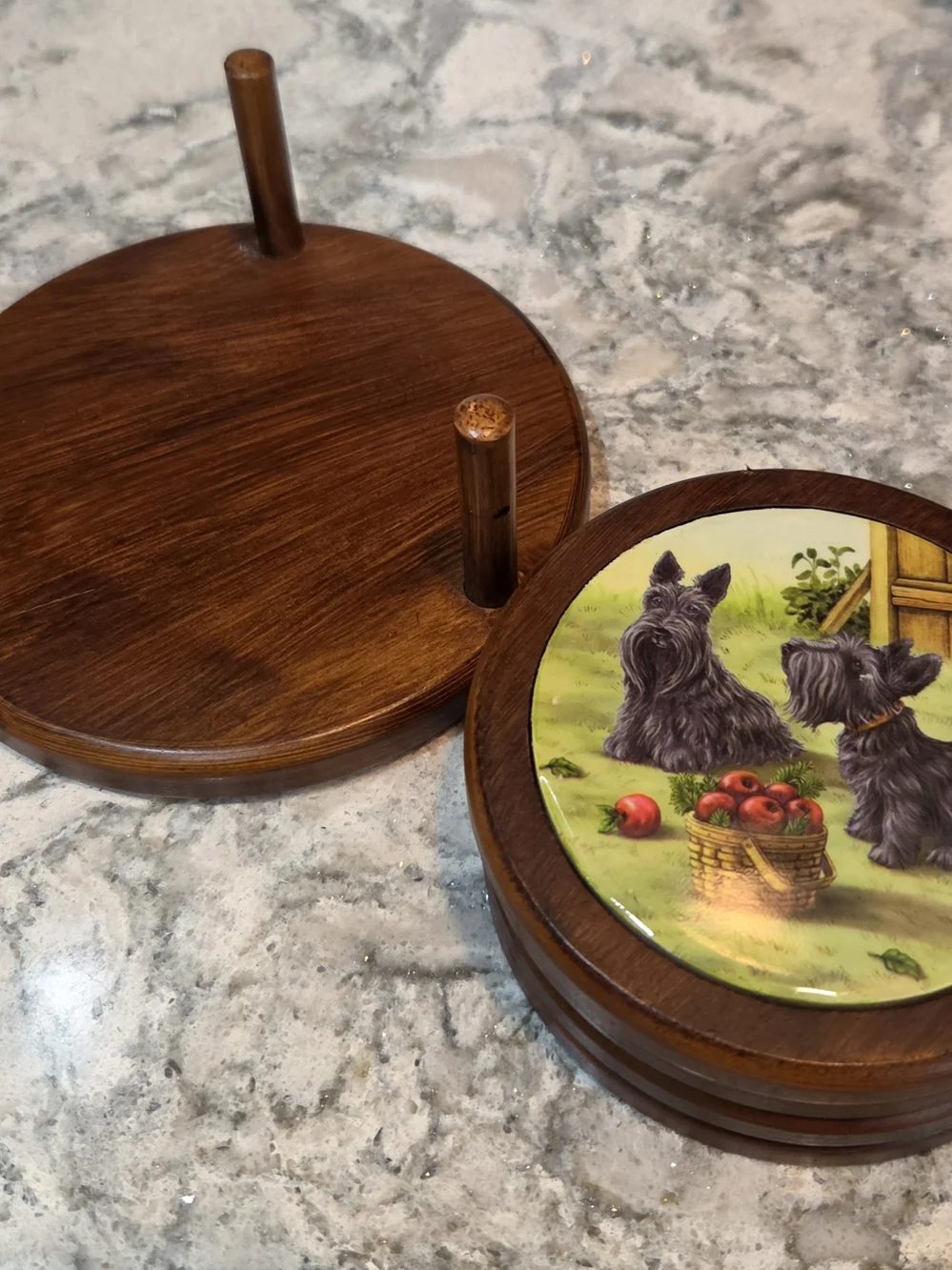 Set of 4 Coasters & Caddy Scottish Terriers Round Wood Ceramic Tiles Dogs 2002